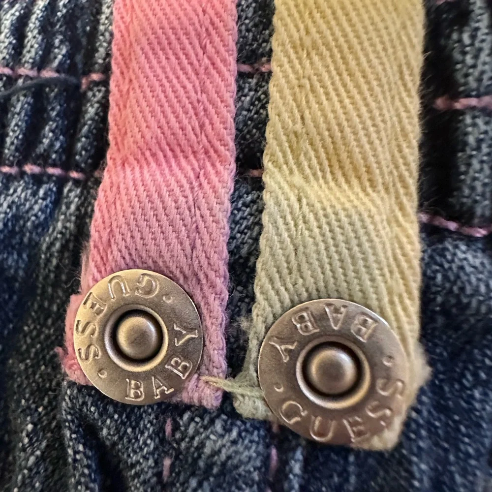 Baby Guess Denim Shorts 6-9M Ruffle Trim Heart Pockets Pink Stitch